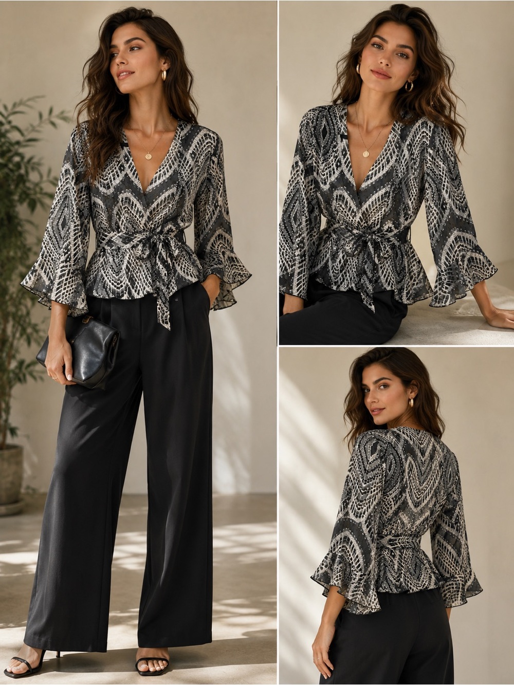 Sere Nade Black White Sheer Kimono Tie Front Blouse Bell Sleeve Top Size S